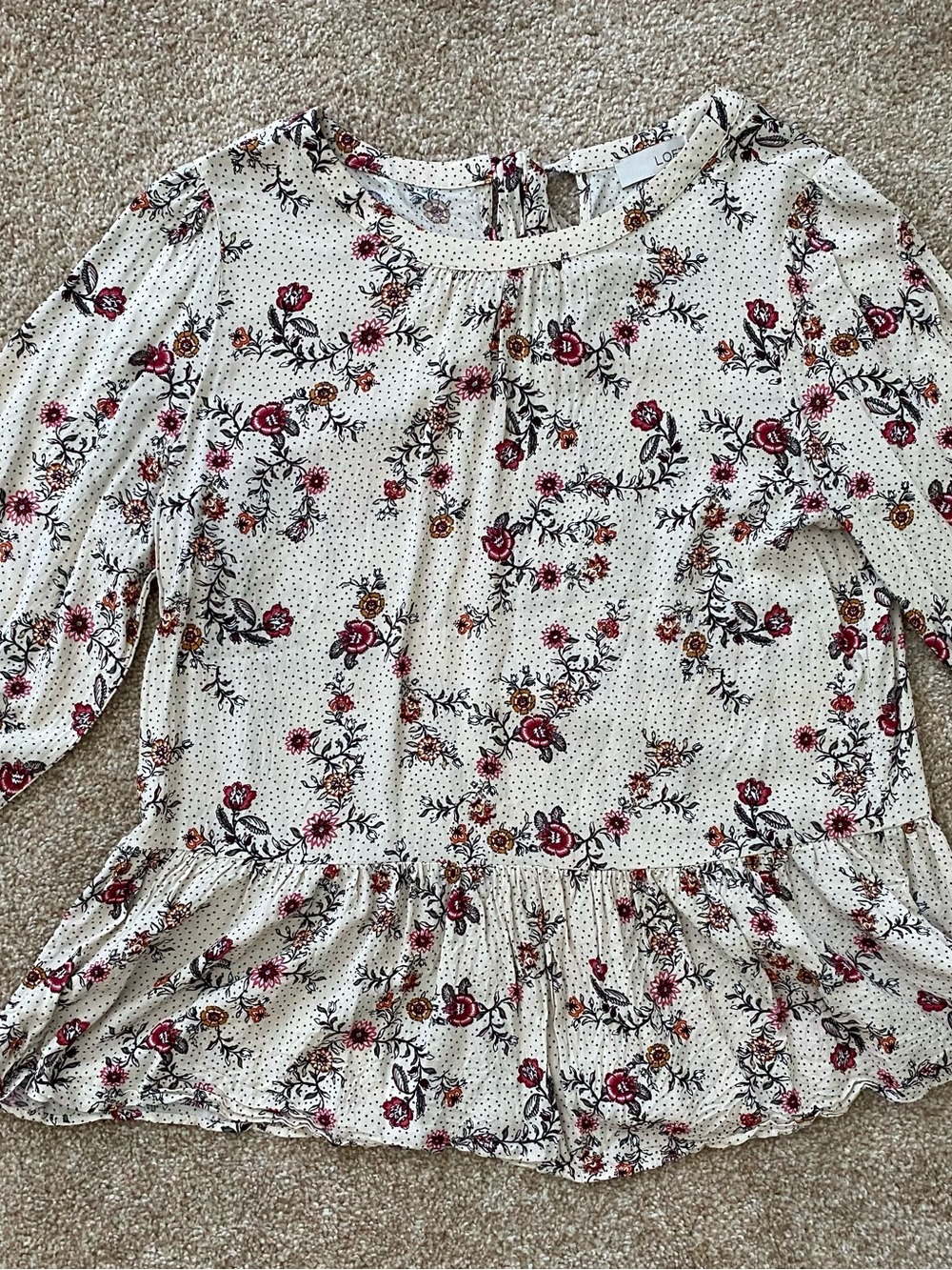 LOFT Cream Floral Ruffled Hem Top